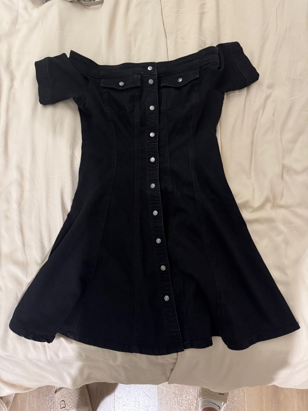 Black Off-Shoulder Button-Front Mini Dress